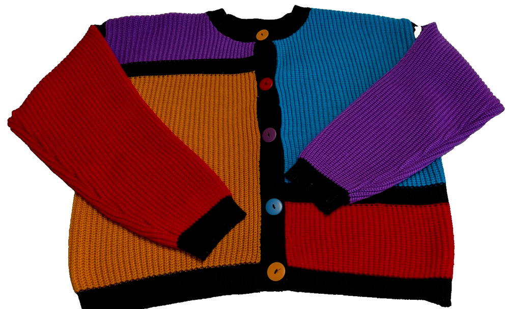 Vintage 80s 90s Colorblock Knit Cardigan Sweater Crew Neck Rainbow Retro Kidcore